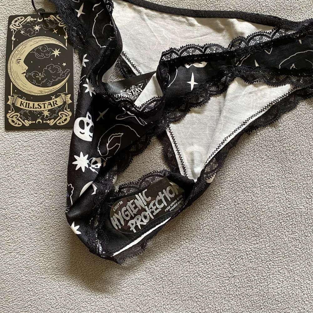 KillStar Purr-Off Black Thong Panties with White Celestial Cat Print - Picture 6 of 6